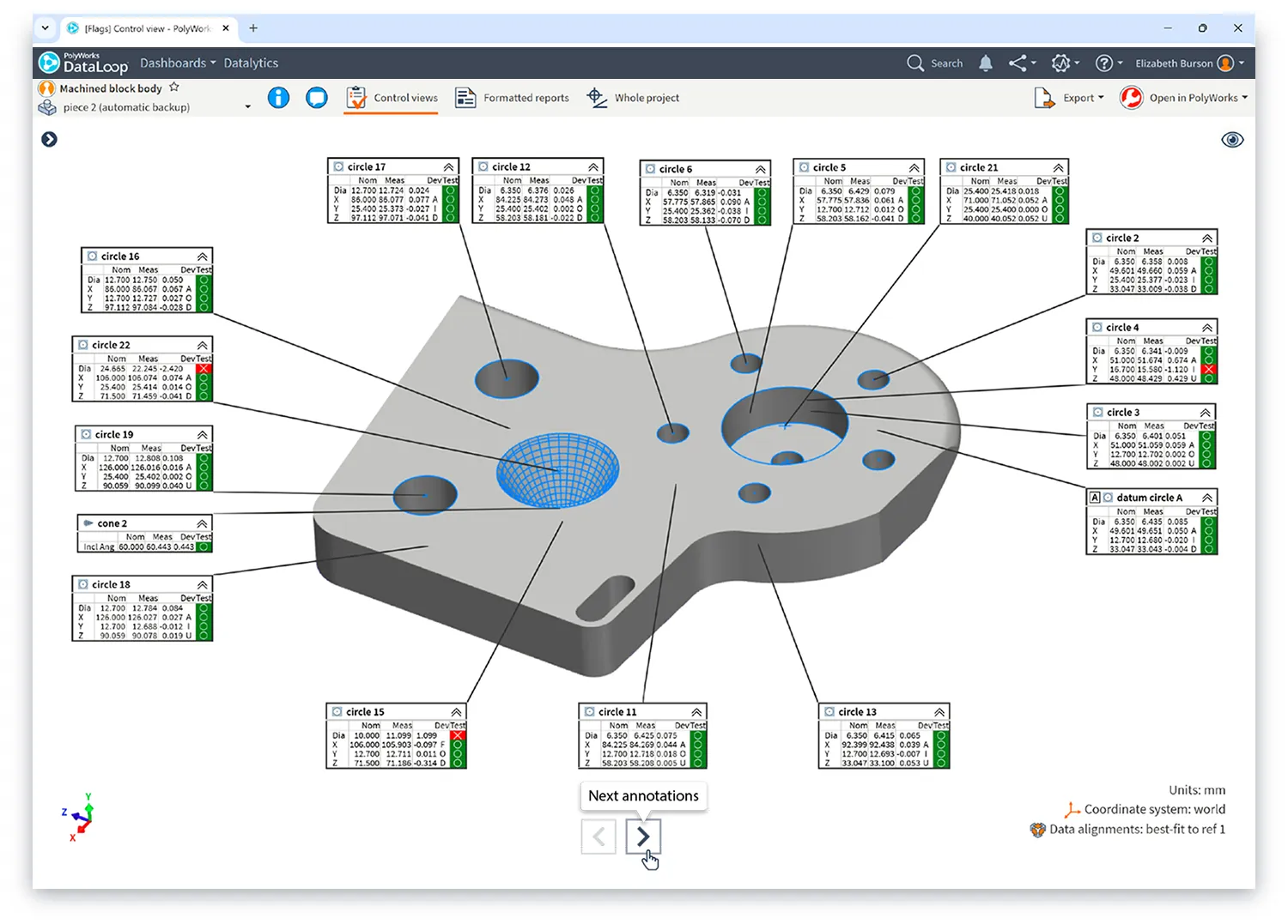 Captura de pantalla de PolyWorks|DataLoop 2025 con anotaciones en una pieza medida en 3D.