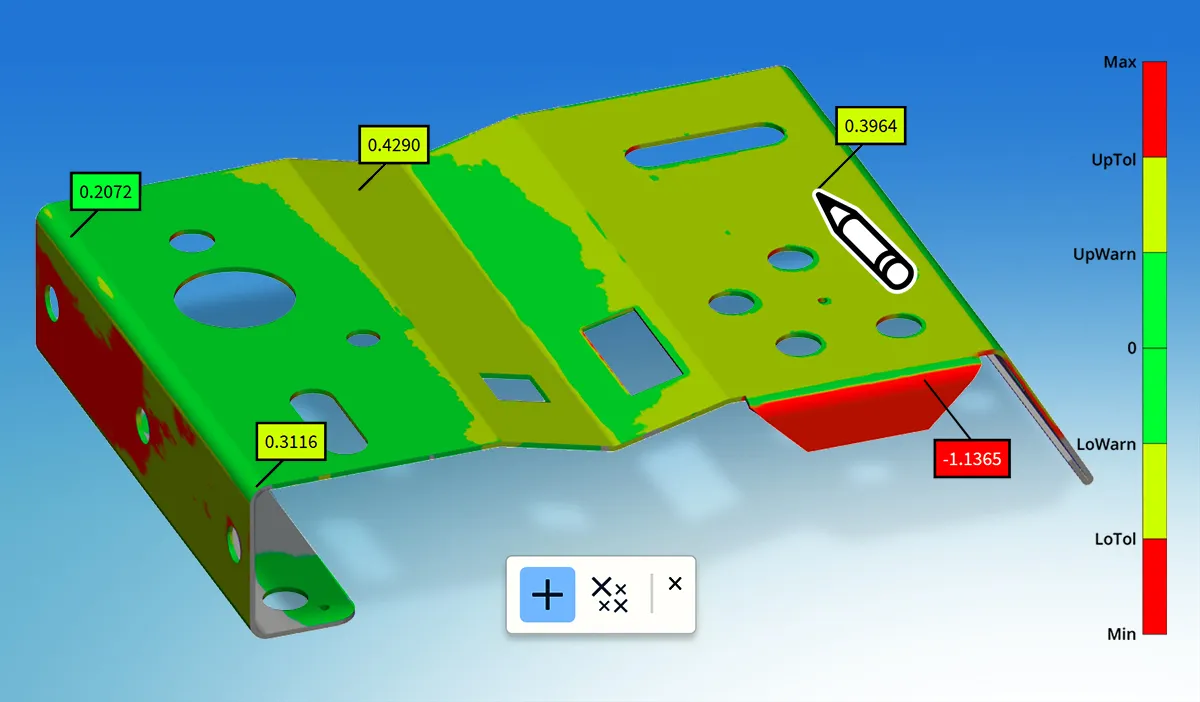 Con PolyWorks|DataLoop 2025. puede investigar las desviaciones de superficie de piezas medidas en 3D con mapas de color.